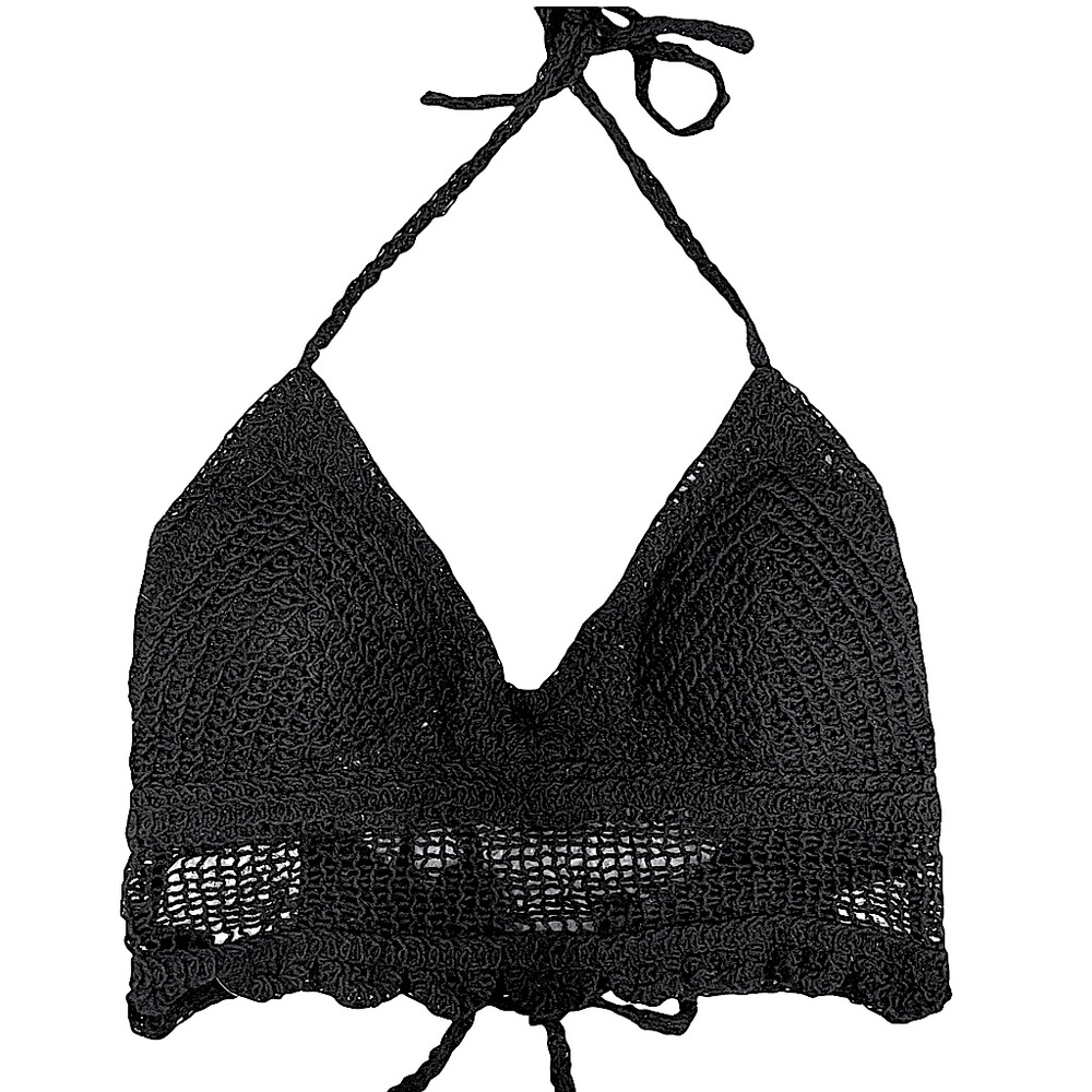 Boho Style Crochet Halter Top Bralette Black